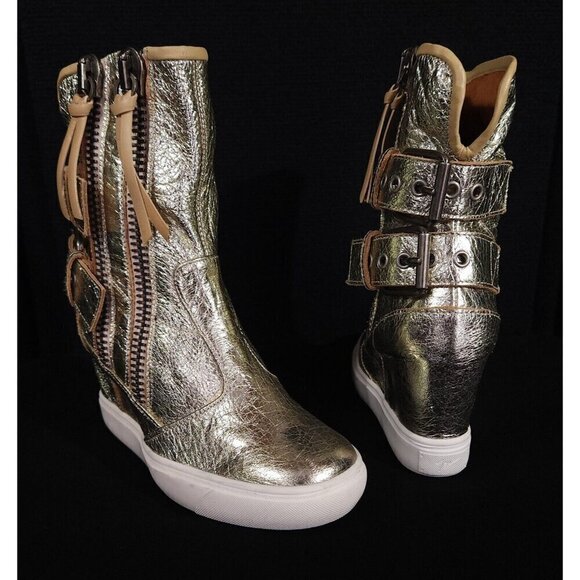 Giuseppe Zanotti Buckle Wedge Leather Sneaker 36 6 Gold Metallic High Top New - Picture 5 of 11